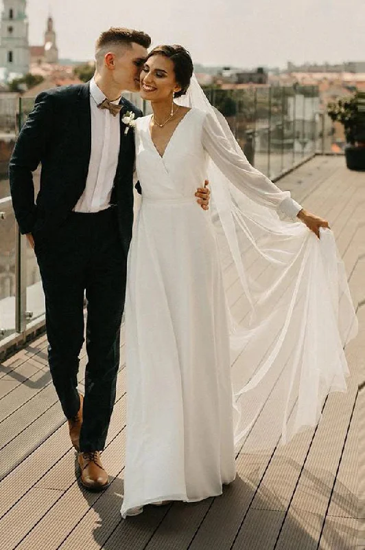Soft Tulle Wedding Dresses for Elegant Vibe -Simple A-line Chiffon Wedding Dress V Neck Long Sleeves Bohemian Bridal Dress OKV58
