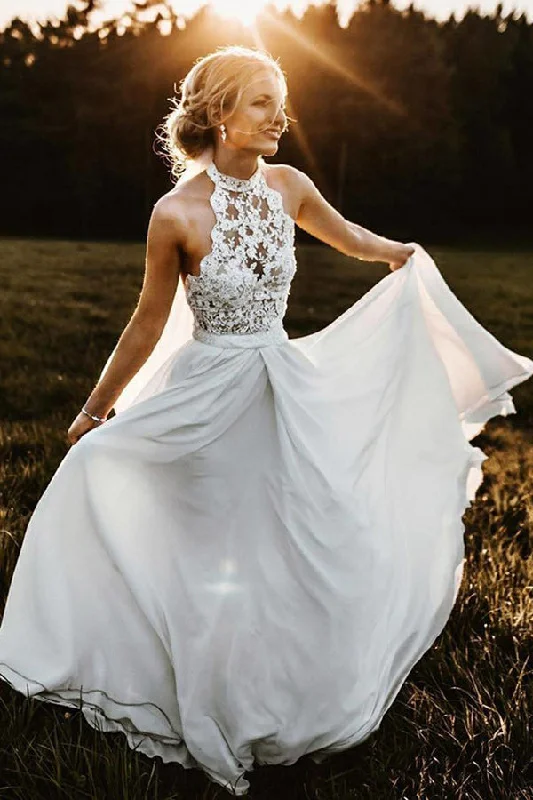 Short Wedding Dresses for Casual Weddings -Simple A-Line Halter Sleeveless Chiffon Long Beach Summer Wedding Dresses with Lace W460