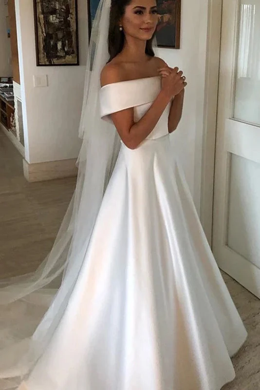 Simple Tulle Wedding Dresses for Soft Elegance -Simple A-line Ivory Wedding Dress Satin Off The Shoulder Bridal Gowns OKX3