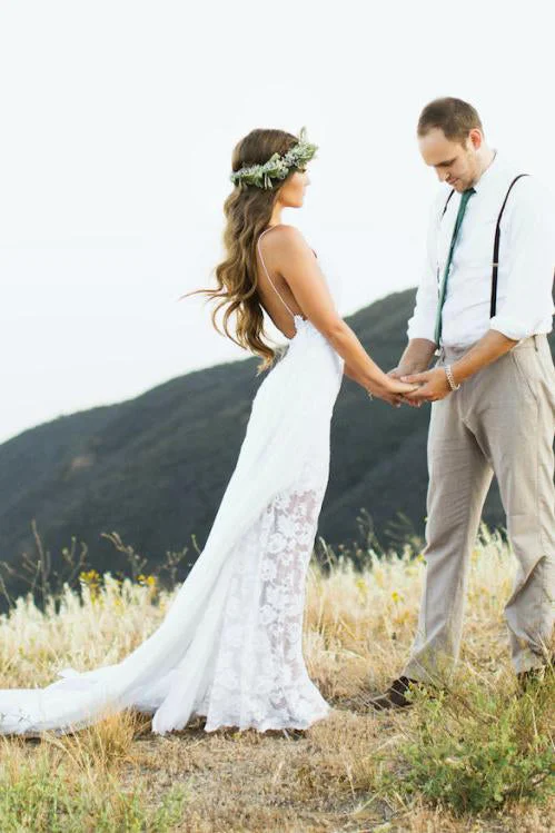 Full-Skirt Wedding Dresses for Dramatic Entrance -Simple A Line Long Chiffon Backless Lace Beach Wedding Dress,Bridal Gown OKG78