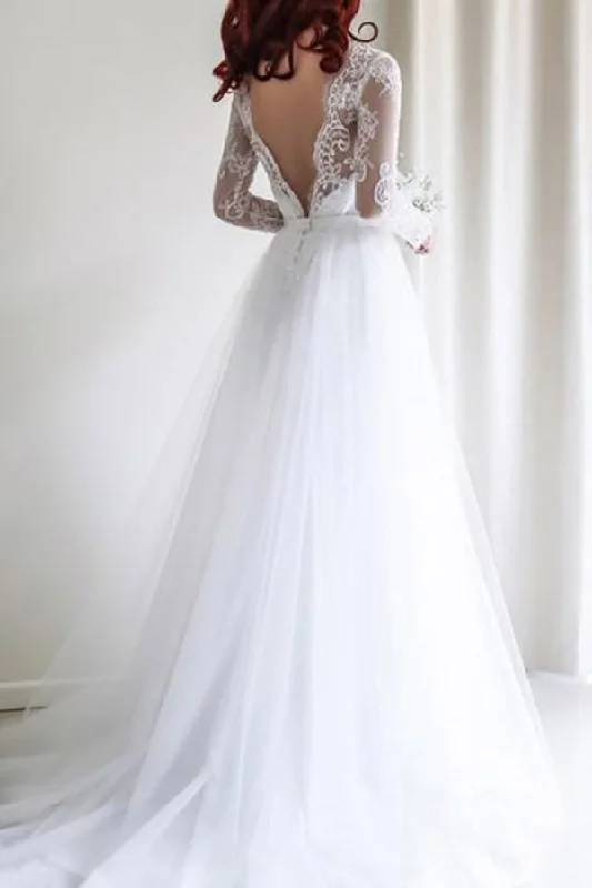 Sleek Wedding Dresses with Minimalist Details for Understated Elegance -Simple A-line Long Sleeves White Tulle Lace Top Long Wedding Dress OKA47 Sleek Wedding Dresses with Minimalist Details for Understated Elegance -Simple A-line Long Sleeves White Tulle Lace Top Long Wedding Dress OKA47