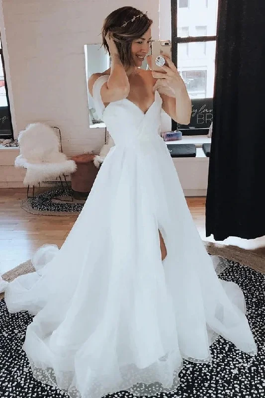 Wedding Dresses with Off-the-Shoulder Lace for Romantic Style -Simple A-line Off the Shoulder Tulle Boho Wedding Dress with Split Beach Wedding Gown OK1648