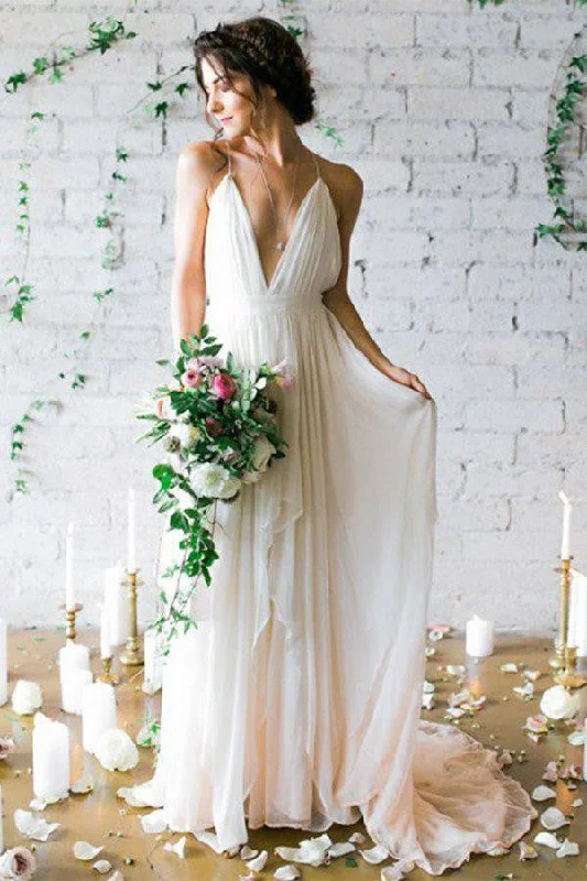 Wedding Dresses with Low Back for Sultry Look -Simple Backless Beach Summer Wedding Dress, Chiffon LongWedding Gowns OK108