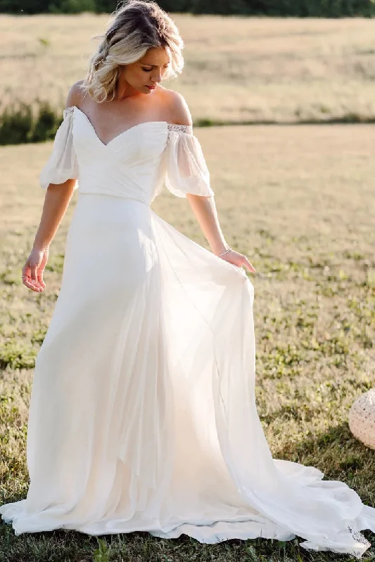 Luxe Lace Wedding Dresses with Long Train for Dramatic Effect -Simple Beach Bridal Dress with Off-the-shoulder Neckline Boho Wedding Dresses OK1704