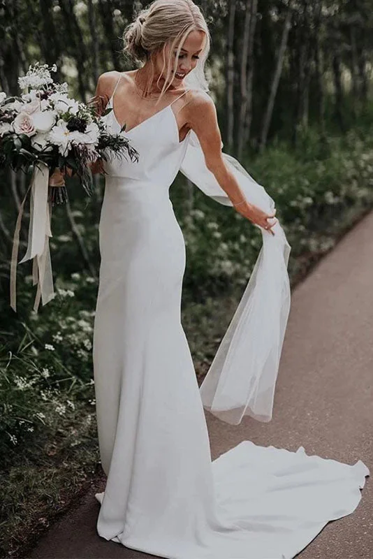 Bridal Dresses with Layers for Volume and Movement -Simple Boho V-Neck Wedding Dress Sleeveless A-line Spaghetti Straps Bridal Dress OKW42