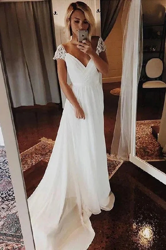 Bridal Gowns with Satin Finish for Sophisticated Look -Simple Chiffon A-line Cap Sleeves V-neck Bohemian Beach Wedding Dresses Bridal Dress OK1679