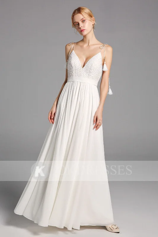 Modern Boho Wedding Dresses for Trendy Brides -Simple Chiffon Long Wedding Dresses A-line Spaghetti Straps Bridal Gowns OKV14