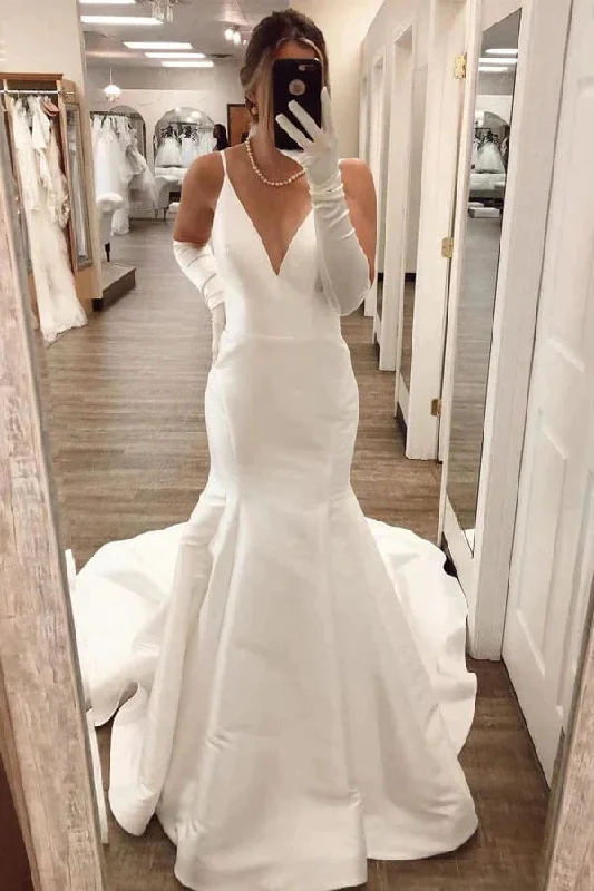 Champagne Wedding Dresses for Soft Look -Simple Ivory Satin Mermaid V Neck Wedding Dresses, Bridal Gowns OK1889 Champagne Wedding Dresses for Soft Look -Simple Ivory Satin Mermaid V Neck Wedding Dresses, Bridal Gowns OK1889