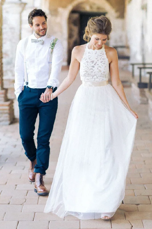Wedding Dresses with Long Train for Dramatic Effect -Simple Jewel Sleeveless Long Lace White Tulle A-line Wedding Dress OK164