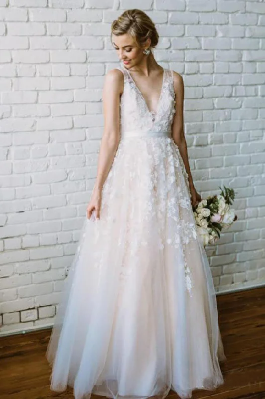 Wedding Dresses with Beaded Accents for Extra Glam -Simple Lace Applique A Line V Neck Tulle Beach Wedding Dresses OKF86