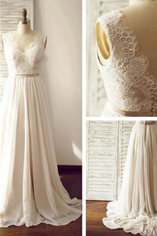 Elegant Silk Wedding Dresses with Ruffled Skirt for Dramatic Effect -Simple Long Chiffon Lace A-line V-neck Beach Wedding Dress W36 Elegant Silk Wedding Dresses with Ruffled Skirt for Dramatic Effect -Simple Long Chiffon Lace A-line V-neck Beach Wedding Dress W36
