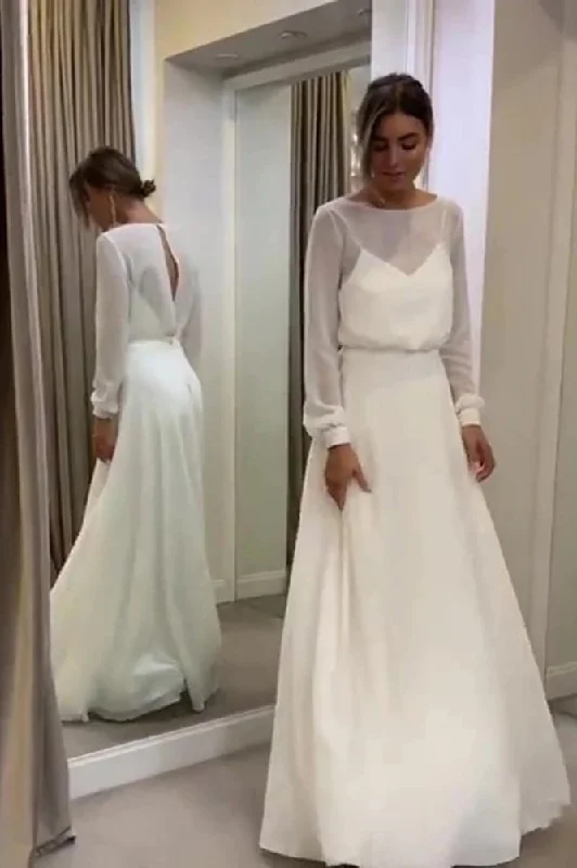 Off-Shoulder Lace Wedding Dresses for Soft, Romantic Vibe -Simple Long Sleeve Wedding Dress A-line Open Back Custom Made Women Chiffon Bridal Gowns OKV53
