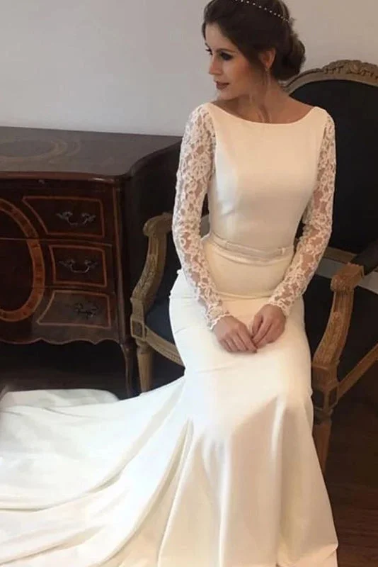 Wedding Dresses with Detachable Skirt for Versatility -Simple Mermaid Bridal Dresses V Back Long Sleeve Beach Wedding Gowns OKV11