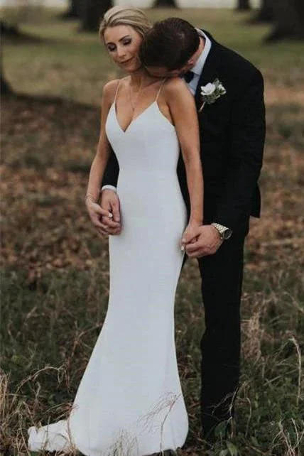 Two-Toned Wedding Dresses for Bold Statement -Simple Mermaid Spaghetti Straps Cheap Wedding Dress Beach Bridal Dress OKX37