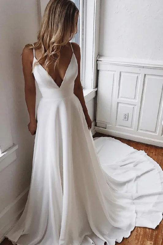 Silk and Lace Wedding Dresses for Classic Charm -Off White Chiffon A-line V-neck Lace Spaghetti Straps Wedding Dress OK1207