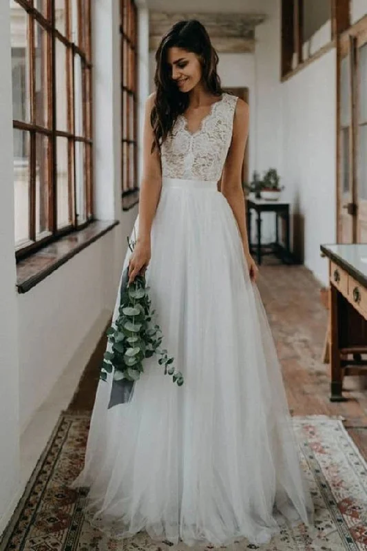 A-Line Wedding Dresses with Satin for Sleek Style -Simple Off White Tulle Lace Top A-line V-neck Backless Beach Wedding Dress OKY31