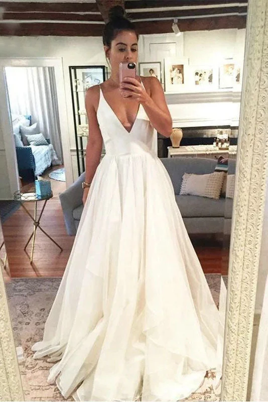 Embellished Wedding Dresses for Extra Sparkle -Simple Organza Beach Wedding Dress Backless Floor-Length Deep V-Neck A-line Bridal Dress OKW19