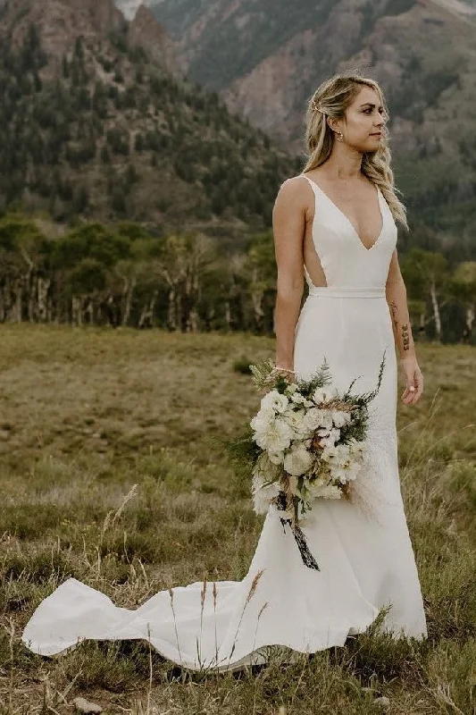 Simple Wedding Dresses with Long Sleeve for Modesty -Simple Outside Mermaid Beach Wedding Dress with V-neckline OK1289 Simple Wedding Dresses with Long Sleeve for Modesty -Simple Outside Mermaid Beach Wedding Dress with V-neckline OK1289