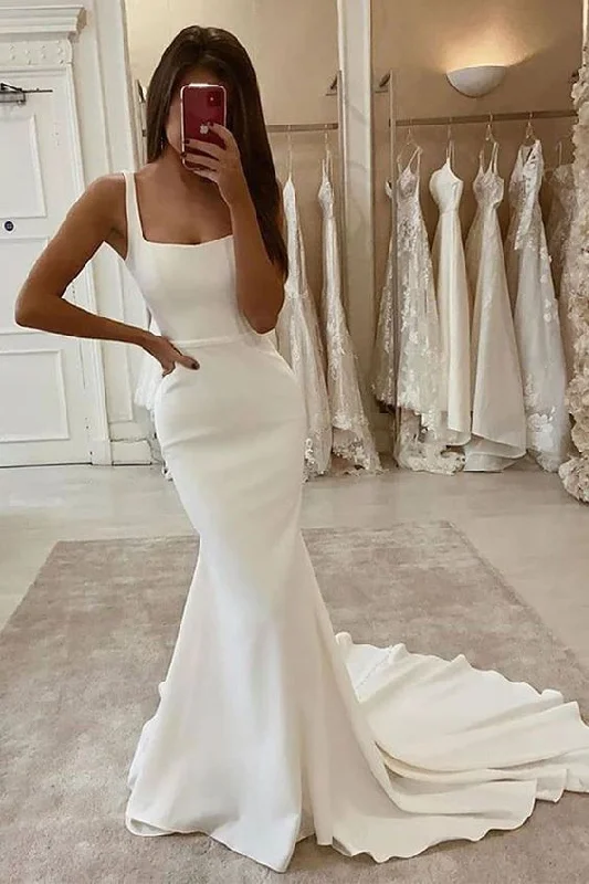 Vintage-Inspired Wedding Dresses with Tulle for Dreamy Effect -Satin Square Neck Long Wedding Dress with Mermaid Train OK1427 Vintage-Inspired Wedding Dresses with Tulle for Dreamy Effect -Satin Square Neck Long Wedding Dress with Mermaid Train OK1427