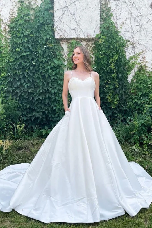 Strapless Bridal Dresses for Sexy Yet Elegant Style -Simple Satin Sweetheart Spaghetti Straps Wedding Dresses A-line Beach Bridal Gown OK1652