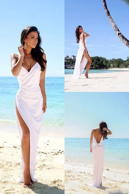Vintage Lace Wedding Dresses for Timeless Romance -Sexy Backless Beach Bridal Dress,Slit Spaghetti Straps Summer White Wedding Gowns OK260