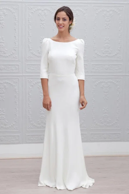 Romantic Wedding Dresses with Lace Sleeves for a Feminine Touch -Simple Sheath Bateau Backless 3/4 Sleeves Sweep Train Beach Wedding Dress OKS35 Romantic Wedding Dresses with Lace Sleeves for a Feminine Touch -Simple Sheath Bateau Backless 3/4 Sleeves Sweep Train Beach Wedding Dress OKS35