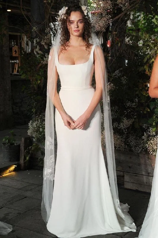 Floor-Length Wedding Dresses for Formal Affair -Sheath Square Neck Long Backless Wedding Gowns with Sweep Train OK1423