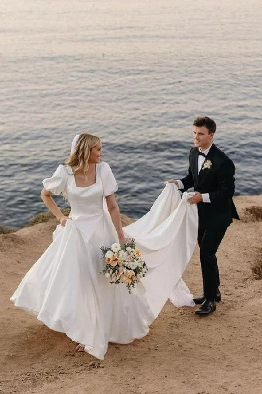 Elegant Silk Wedding Dresses with Ruffled Skirt for Dramatic Effect -Simple Short Sleeves A Line Beach Weeding Dresses with Square Neckline OK1583