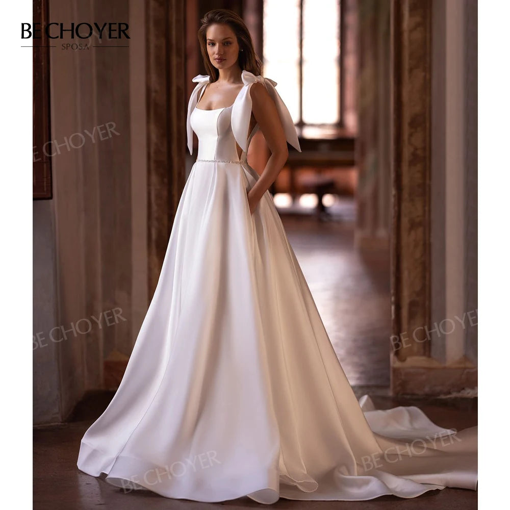 Sparkling Wedding Dresses with Sequins for Dazzling Effect -Wedding Dress Chic Bow Straps A-Line Open Back Bride Gown Party Princess