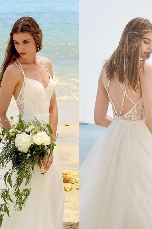 Wedding Dresses with Sleeves for Modest Look -Simple Spaghetti Straps Ivory A Line Tulle Beach Wedding Dresses OK677