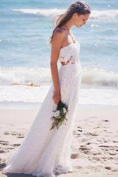 Wedding Dresses with Detachable Sleeves for Versatile Look -Simple Strapless Lace Long White Beach Wedding Dress OK534