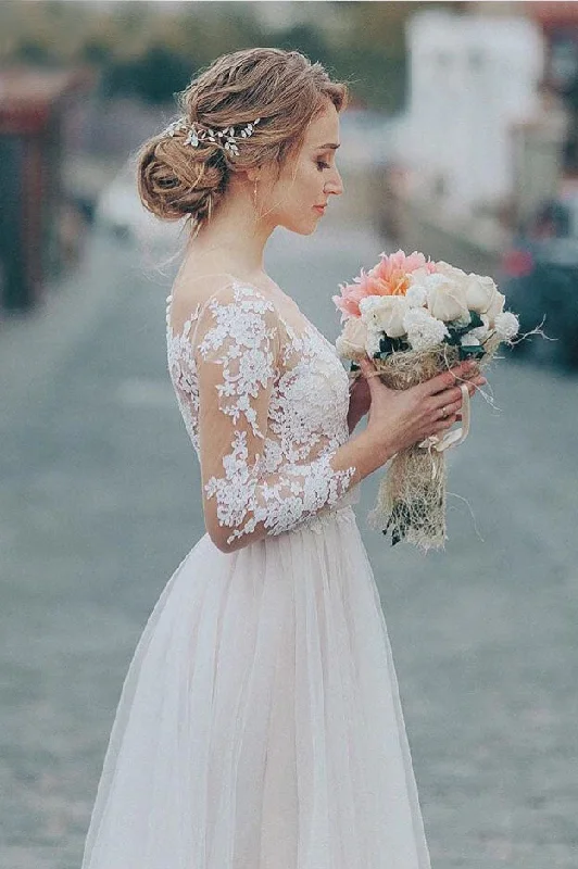 Bridal Wedding Dresses with Detachable Skirts for Versatility -Simple Tulle Lace Applique Wedding Dress 3/4 Long Sleeve Scalloped Floor-Length A-line Bridal Dress OKW16