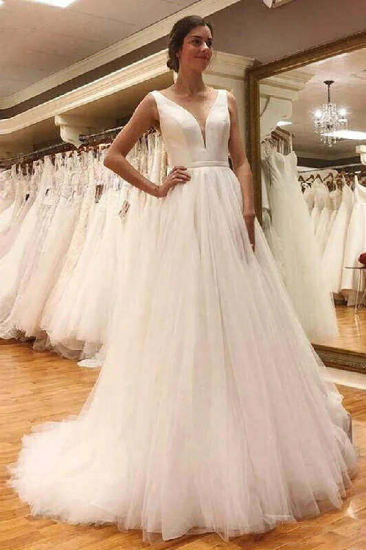 Modern Wedding Dresses with Clean Lines for Minimalist Style -Simple V Neck V Back Off White Tulle Long Bridal Dresses, A Line Wedding Dresses OK1729 Modern Wedding Dresses with Clean Lines for Minimalist Style -Simple V Neck V Back Off White Tulle Long Bridal Dresses, A Line Wedding Dresses OK1729