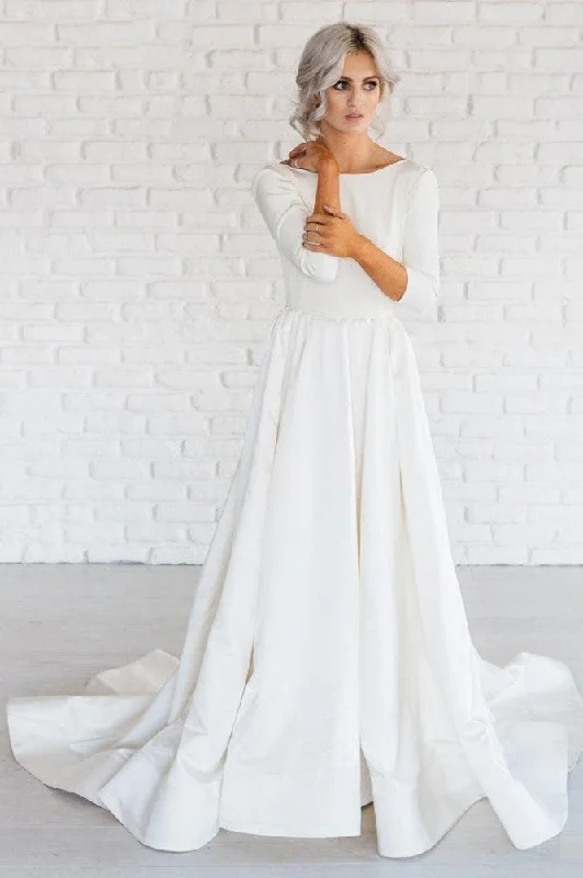 Wedding Dresses with Ribbons for Feminine Touch -Simple White A-line Satin Sweep Train 3/4 Sleeves Backless Wedding Dresses OK740