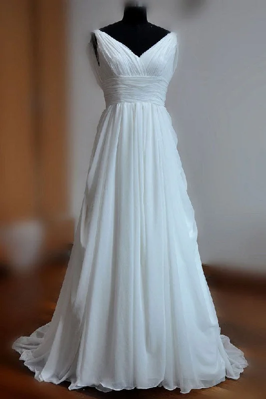 Wedding Dresses with Flowing Skirt for Lightness -Simple White A-line V-neck Backless Sweep Train Chiffon Cheap Beach Wedding Dress OK219