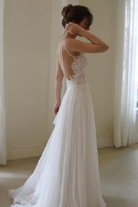 High Neck Wedding Dresses for Modest Style -Simple White Lace Bridal Gown,A Line Chiffon Backless Cheap Wedding Dress OK382