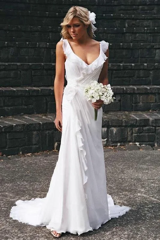 Ruffled Wedding Dresses for Feminine Appeal -Simple White V-neck Chiffon Ruffles Sleeveless Wedding Dresses Bridal Gowns OK596