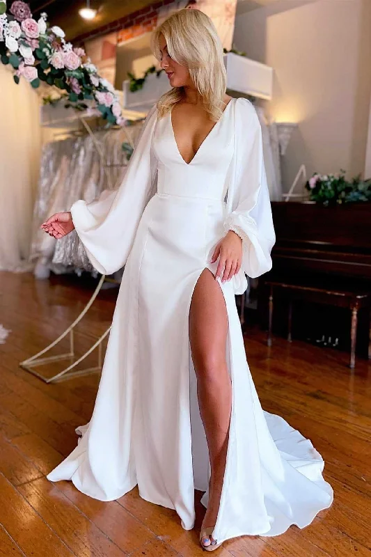 Wedding Dresses with Chiffon Skirt for Flowing Elegance -Simple White V-Neck Long Sleeves Backless Long Wedding Dress with Slit OK1588
