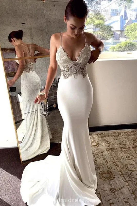Wedding Dresses with Crystal Accents for a Touch of Luxury -Soft Satin Boho Bridal Dress Mermaid Spaghetti Straps Lace V Neck Beach Wedding Dresses OK1675