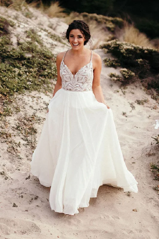 Tiered Wedding Dresses for Full and Voluminous Look -Spaghetti Strap Beaded Ivory Chiffon V Neck Long Cheap Wedding Dress OKH70