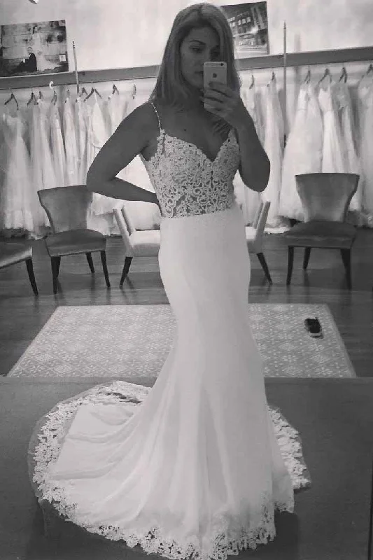 Strapless Wedding Dresses with Detachable Sleeves for Versatile Look -Spaghetti Straps Lace Top Mermaid Backless Beach Wedding Dress OKC84