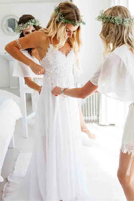 Lace Wedding Gowns for Timeless Beauty -Spaghetti Strap White Chiffon Lace Appliqued V-neck Summer Beach Wedding Dress OK548