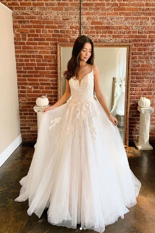 Satin and Lace Wedding Dresses for Soft Glamour -Spaghetti Straps A-line Tulle Wedding Dress Lace Appliques Long Bridal Gowns OKX72
