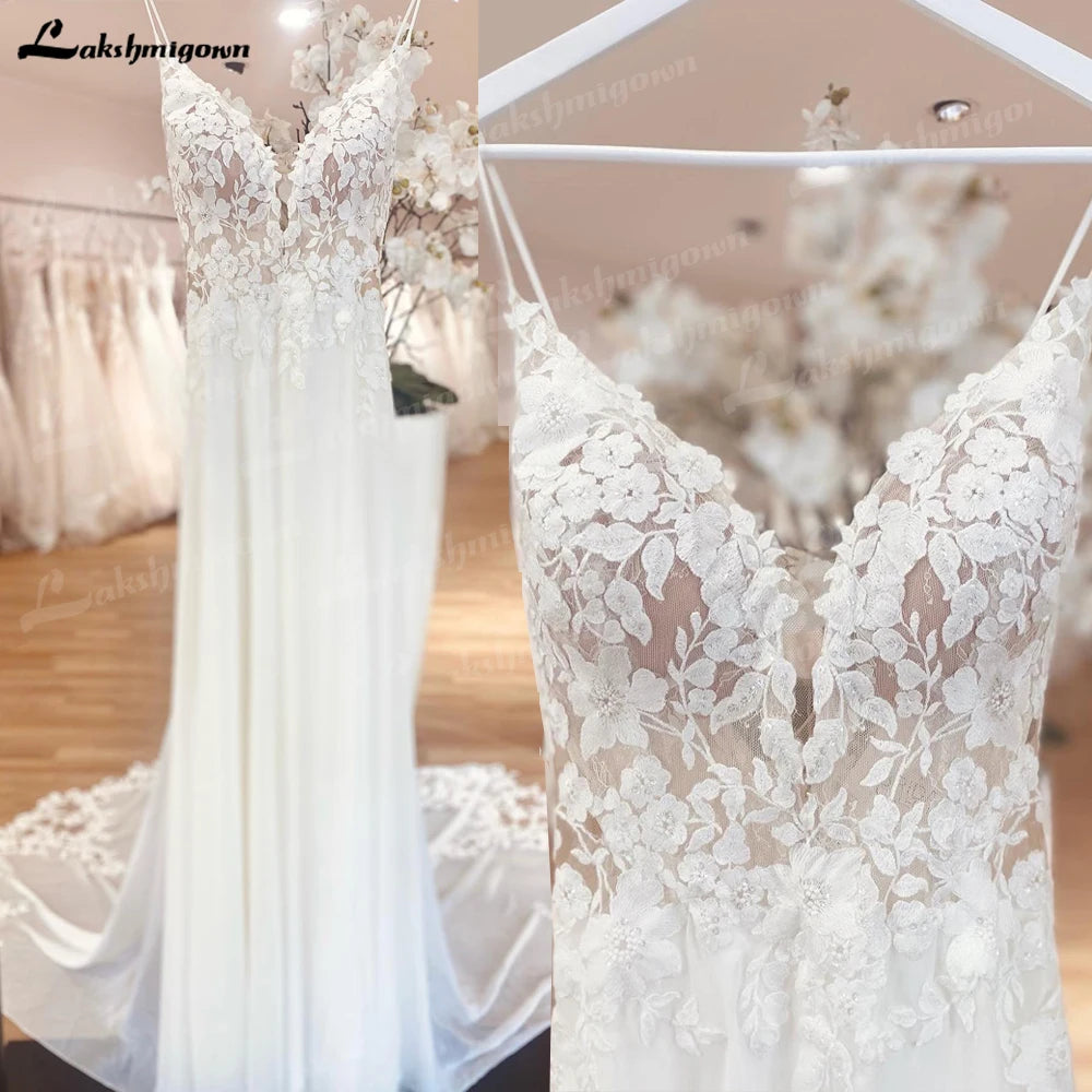Satin and Lace Wedding Dresses for Soft Glamour -Straps Boho Lace Wedding Dress V Neck Lace Appliqued Chiffon Satin and Lace Wedding Dresses for Soft Glamour -Straps Boho Lace Wedding Dress V Neck Lace Appliqued Chiffon