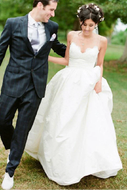 Wedding Dresses with Ruching for Flattering Shape -Spaghetti Straps Floor-Length White A Line Wedding Dresses With Lace Top OK566 Wedding Dresses with Ruching for Flattering Shape -Spaghetti Straps Floor-Length White A Line Wedding Dresses With Lace Top OK566