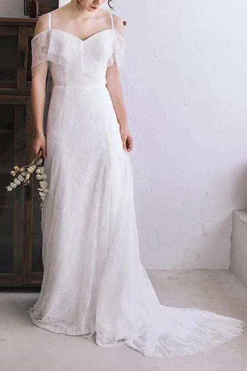 Sleek Wedding Dresses with Long Sleeves for Elegant Appeal -Spaghetti Straps Lace A Line Boho Beach Wedding Dresses Simple Bridal Gown OKH82