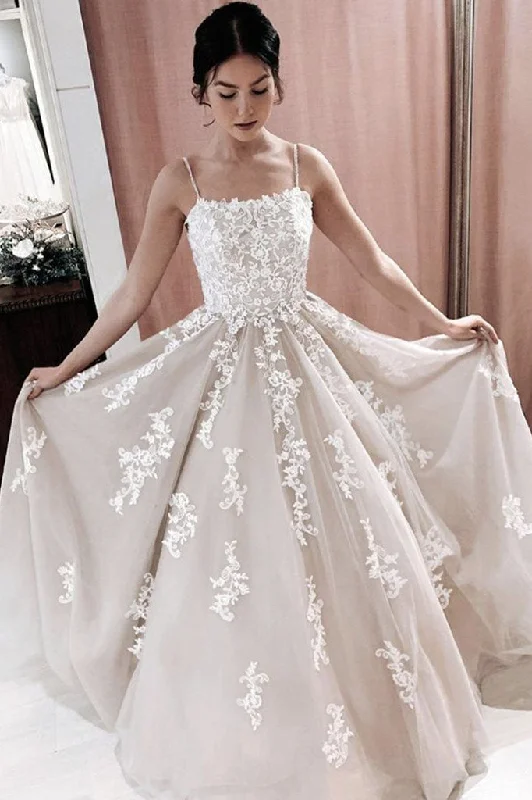 Romantic Wedding Dresses with Lace Sleeves for Soft Glam -Spaghetti Straps Lace Appliques Wedding Dress Lace Long Prom Formal Dress OKX54