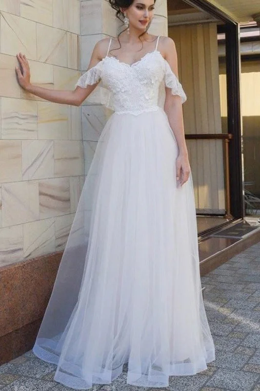 Backless Wedding Dresses for Daring Appeal -Spaghetti Straps Lace Dropped Sleeves Tulle A Line Beach Wedding Dresses OKH83