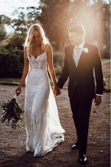 Bridal Wedding Dresses with Intricate Lace Detail -Spaghetti Straps Off White Lace Beach Wedding Dresses OKL12