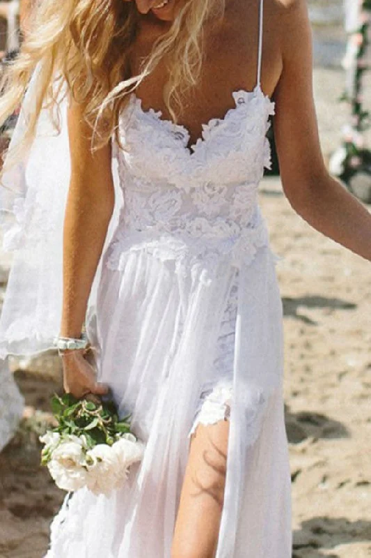 Backless Wedding Dresses for Sexy Appeal -Spaghetti Straps White Lace Chiffon Backless Beach Wedding Dresses W21
